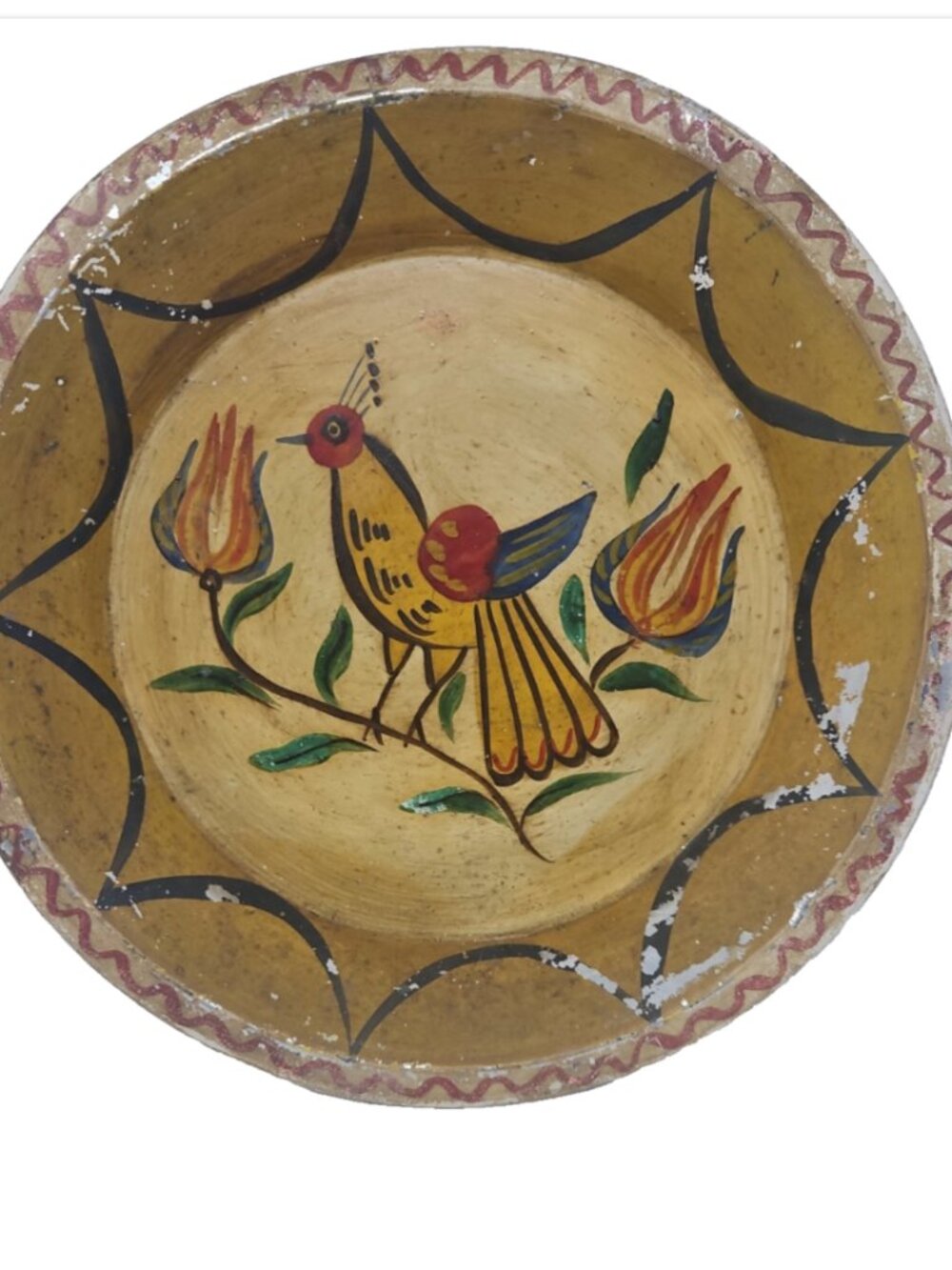Antique Pennsylvania German Dutch Amish Handpainted Toleware Pie Tin Bird Tulips